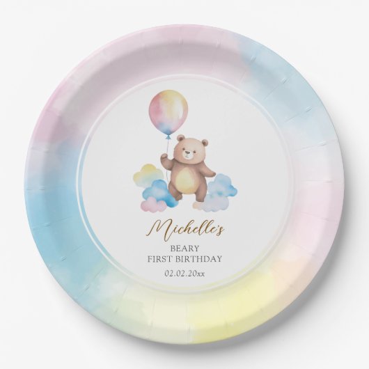 Teddy Bear Balloon Clouds Beary First Birthday Papieren Bordje (Voorkant)