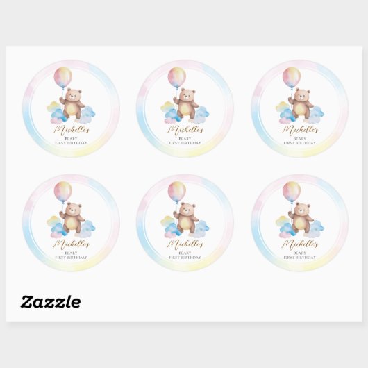 Teddy Bear Balloon Clouds Beary First Birthday Ronde Sticker (Vel)