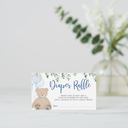 Teddy Bear Balloon Eucalyptus Diaper Raffle Ticket Informatiekaartje (Staand voorkant)