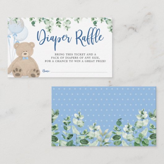 Teddy Bear Balloon Eucalyptus Diaper Raffle Ticket Informatiekaartje (Voorkant / Achterkant)