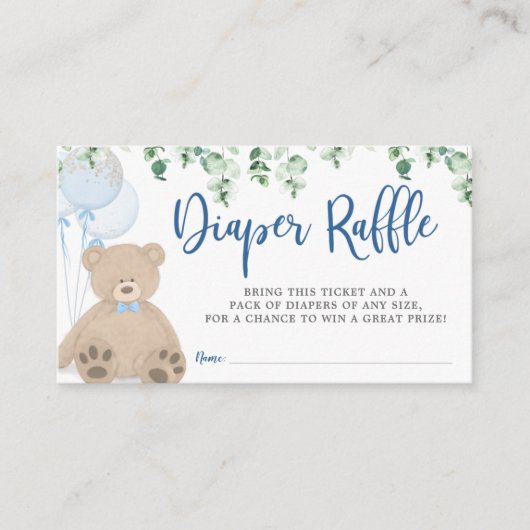 Teddy Bear Balloon Eucalyptus Diaper Raffle Ticket Informatiekaartje (Voorkant)