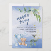 Teddy Bear Balloon Eucalyptus First Birthday Foto Kaart (Voorkant)