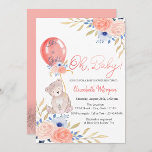 Teddy Bear Balloon Floral Baby shower Kaart