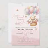 Teddy Bear Balloon Girl Baby shower Invitation Kaart (Voorkant)