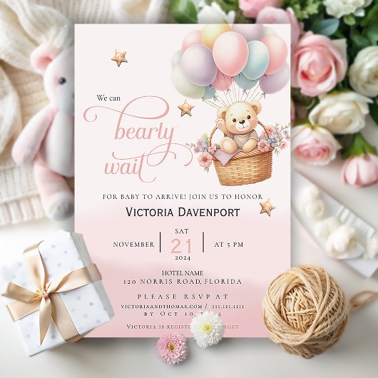 Teddy Bear Balloon Girl Baby shower Invitation Kaart