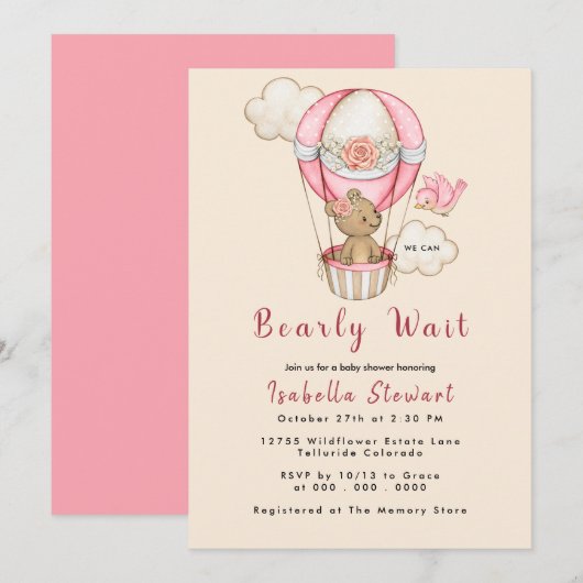 Teddy Bear Balloon Girl Barly Wait Baby shower Kaart (Voorkant / Achterkant)