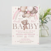 Teddy Bear Balloon Girl Barly Wait Baby shower Kaart (Staand voorkant)