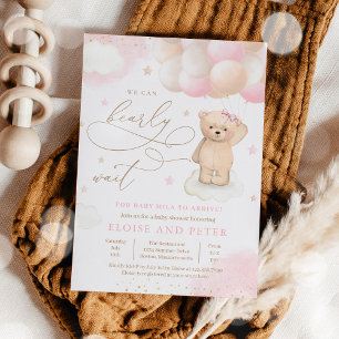 Teddy Bear Balloon Girl Barly Wait Baby shower Kaart