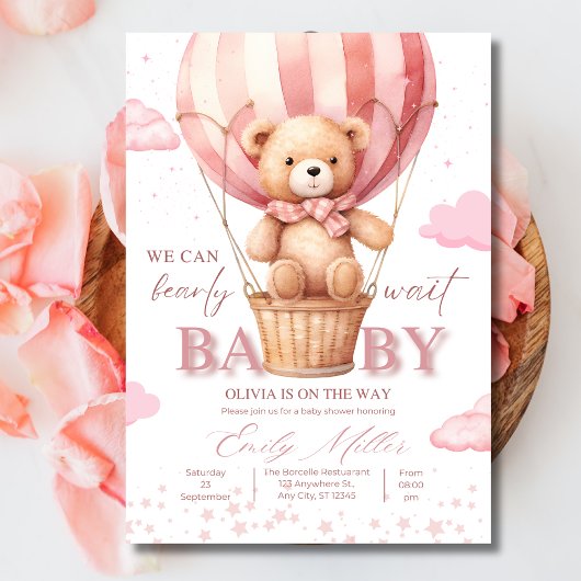 Teddy Bear Balloon Girl Barly Wait Baby shower Kaart