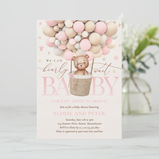 Teddy Bear Balloon Girl Barly Wait Baby shower Kaart (Staand voorkant)