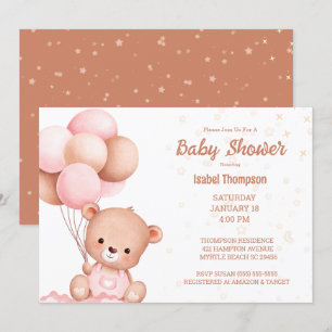 Teddy Bear Balloon Girls Baby shower Kaart