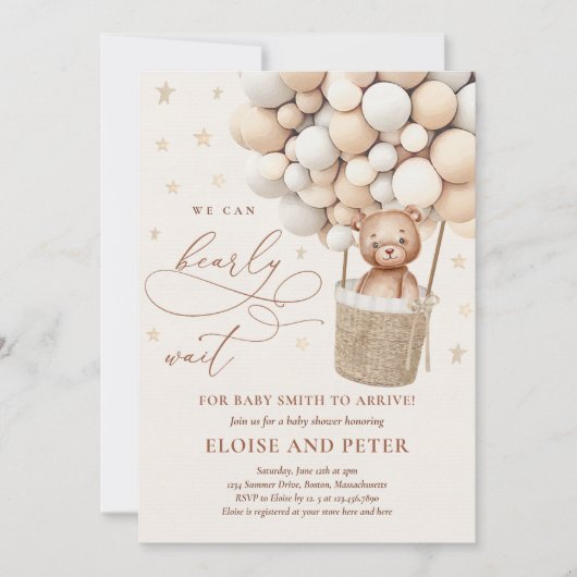 Teddy Bear Balloon Neutral Barly Wait Baby shower Kaart (Voorkant)