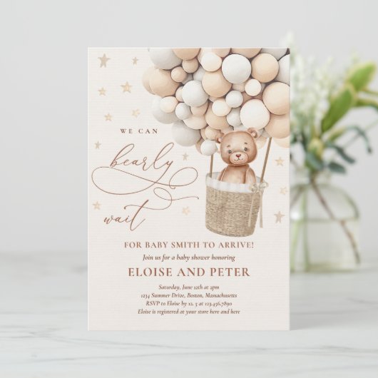 Teddy Bear Balloon Neutral Barly Wait Baby shower Kaart (Staand voorkant)