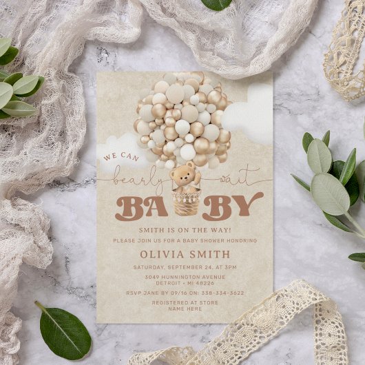 Teddy Bear Balloon Neutral Barly Wait Baby shower Kaart
