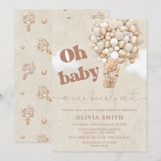 Teddy Bear Balloon Neutral Barly Wait Baby shower Kaart (Voorkant / Achterkant)