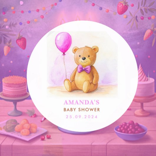 Teddy Bear Balloon Pastel Roze Bruin Baby shower Ronde Sticker