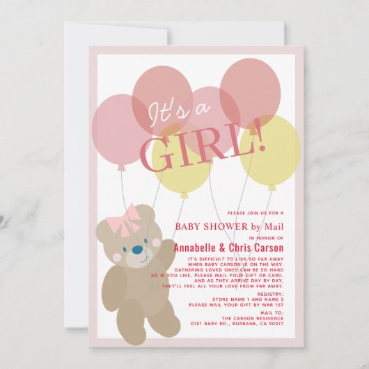 Teddy Bear Balloon Pink Girl Baby shower per post Kaart (Voorkant)