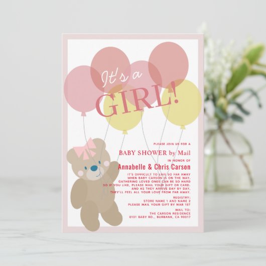 Teddy Bear Balloon Pink Girl Baby shower per post Kaart (Staand voorkant)