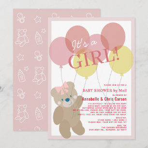 Teddy Bear Balloon Pink Girl Baby shower per post Kaart