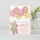 Teddy Bear Balloon Pink Girl Drive-by Baby shower Kaart (Staand voorkant)