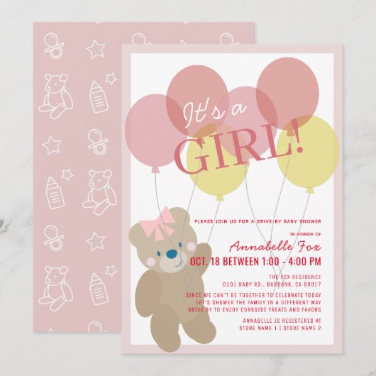 Teddy Bear Balloon Pink Girl Drive-by Baby shower Kaart (Voorkant / Achterkant)