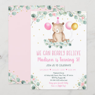 Teddy Bear Balloon Pink Gold Greenery Birthday Kaart