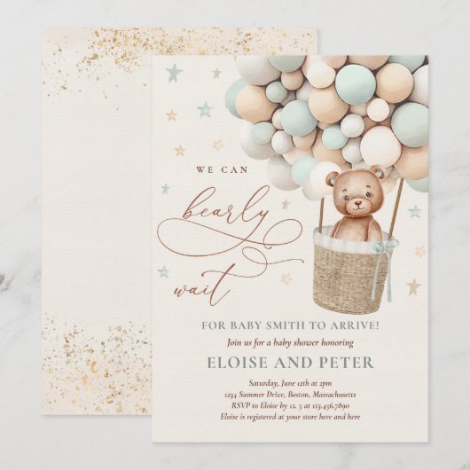 Teddy Bear Balloon Sage Green Beer Baby shower Kaart (Voorkant / Achterkant)