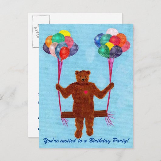 Teddy Bear Balloon Swing Verjaardag Nodig Briefkaa Uitnodiging Briefkaart (Voorkant / Achterkant)