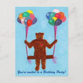 Teddy Bear Balloon Swing Verjaardag Nodig Briefkaa Uitnodiging Briefkaart