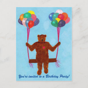 Teddy Bear Balloon Swing Verjaardag Nodig Briefkaa Uitnodiging Briefkaart