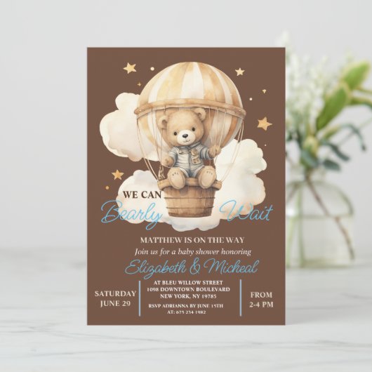 Teddy Bear Balloon Thema Baby shower Uitnodiging (Staand voorkant)
