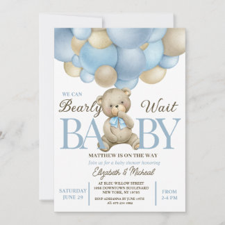 Teddy Bear Balloon Theme Baby Shower Invitation Kaart