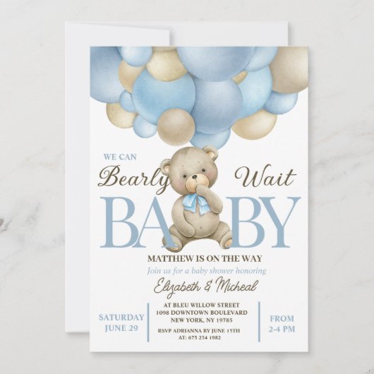 Teddy Bear Balloon Theme Baby Shower Invitation Kaart (Voorkant)