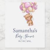 Teddy Bear Balloon White Pink baby shower Wine Lab Wijn Etiket (Enkel label)