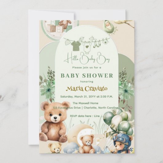 Teddy Bear & Balloons Baby Boy Shower Uitnodiging (Voorkant)
