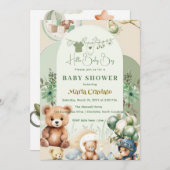 Teddy Bear & Balloons Baby Boy Shower Uitnodiging (Voorkant / Achterkant)
