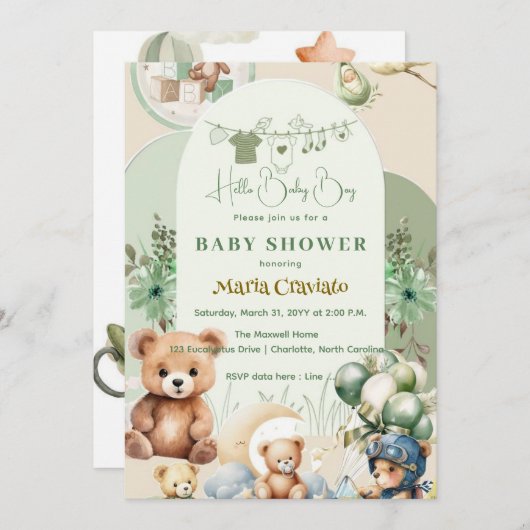 Teddy Bear & Balloons Baby Boy Shower Uitnodiging (Voorkant / Achterkant)