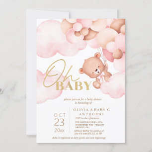  Teddy Bear & Balloons Baby Meisje Shower Kaart