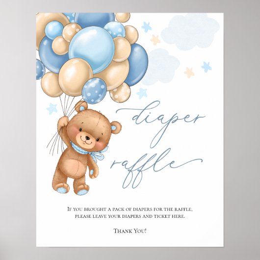 Teddy Bear Balloons Baby shower Diaper Raffle Pos Poster (Voorkant)