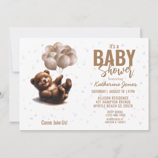 Teddy Bear Balloons Baby Shower Gender Neutral Kaart (Voorkant)