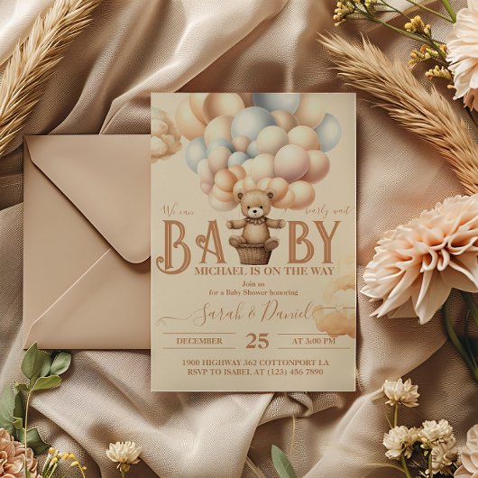 Teddy Bear Balloons Barly Wait Baby shower Kaart