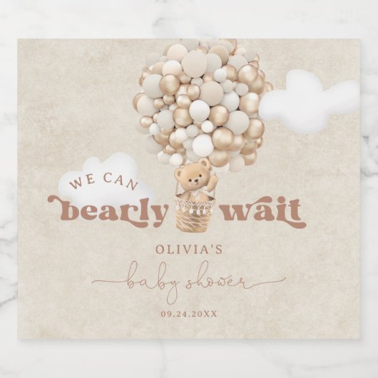 Teddy Bear Balloons Barly Wait Baby shower Sparkling Wijnetiket (Enkel label)