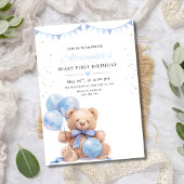 Teddy Bear Balloons Birthday Invite, Beary First Kaart
