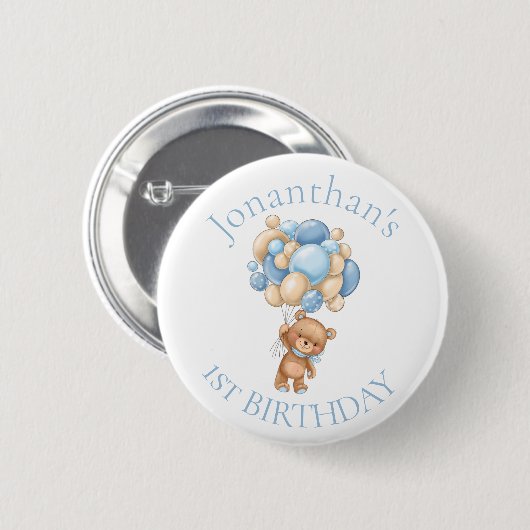 Teddy Bear Balloons Blue 1st Birthday Ronde Button 5,7 Cm (Voorkant /achterkant)