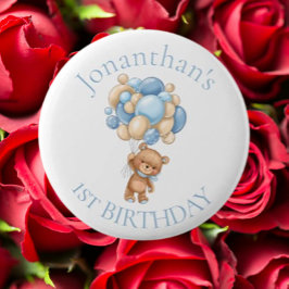 Teddy Bear Balloons Blue 1st Birthday Ronde Button 5,7 Cm