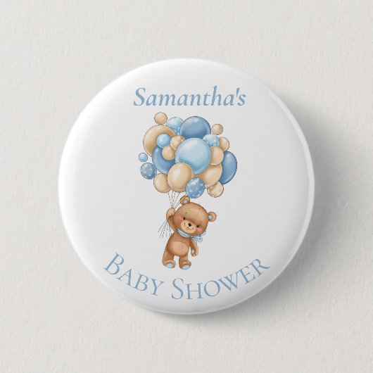 Teddy Bear Balloons Blue Baby shower Button (Voorkant)