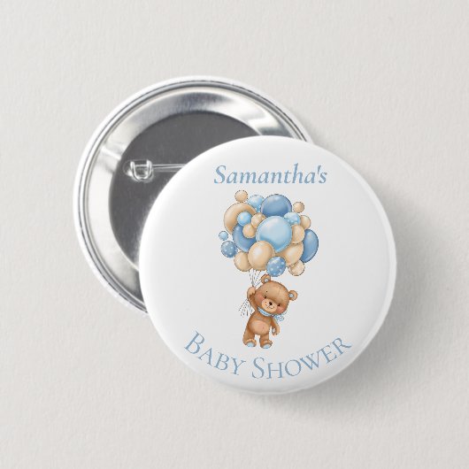 Teddy Bear Balloons Blue Baby shower Button (Voorkant /achterkant)