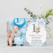 Teddy Bear Balloons Blue Floral 1 september Foto Kaart (Staand voorkant)