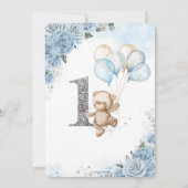 Teddy Bear Balloons Blue Floral First 1st Birthday Kaart (Achterkant)