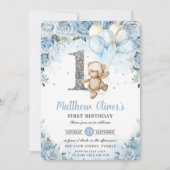 Teddy Bear Balloons Blue Floral First 1st Birthday Kaart (Voorkant)